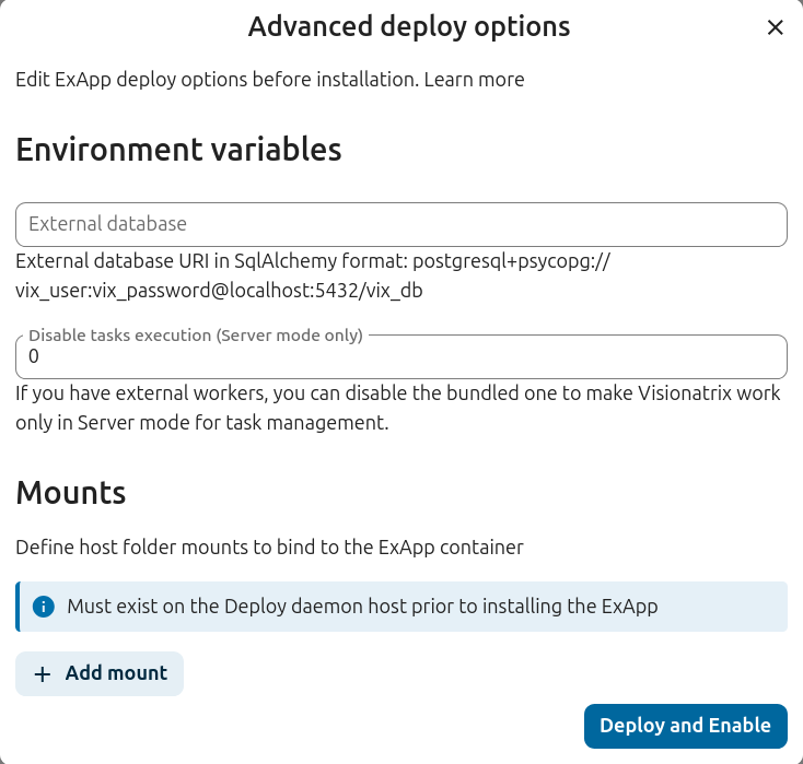 AppAPI Deploy options modal showing environment variables configuration