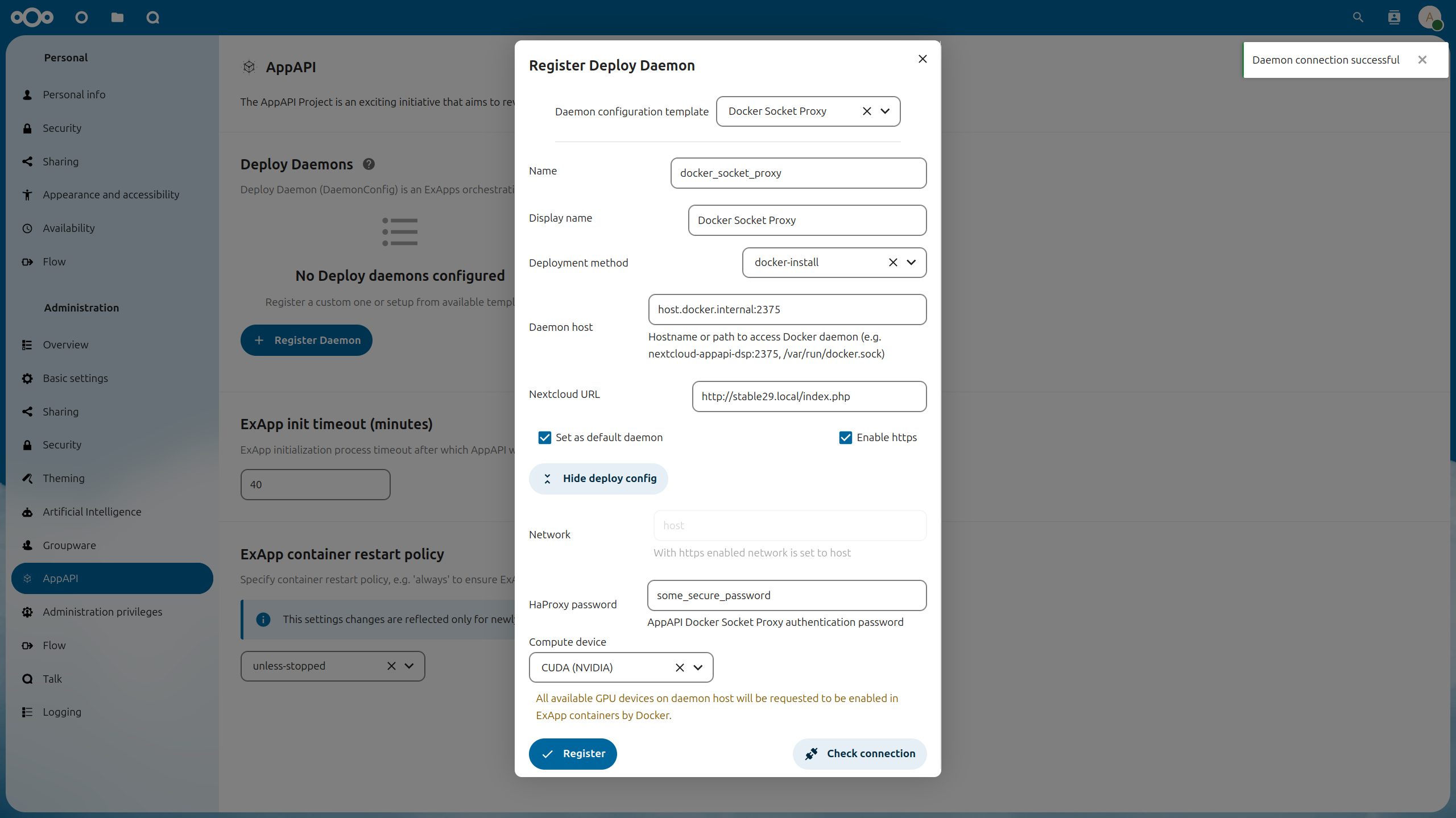 AppAPI admin settings showing Deploy Daemon configuration form with Check connection button