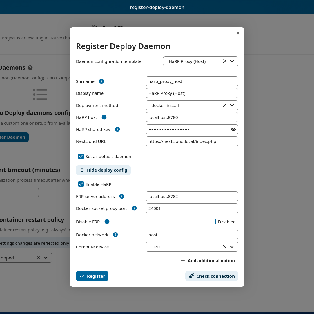 AppAPI deploy daemon configuration with Docker socket proxy port set to 24001