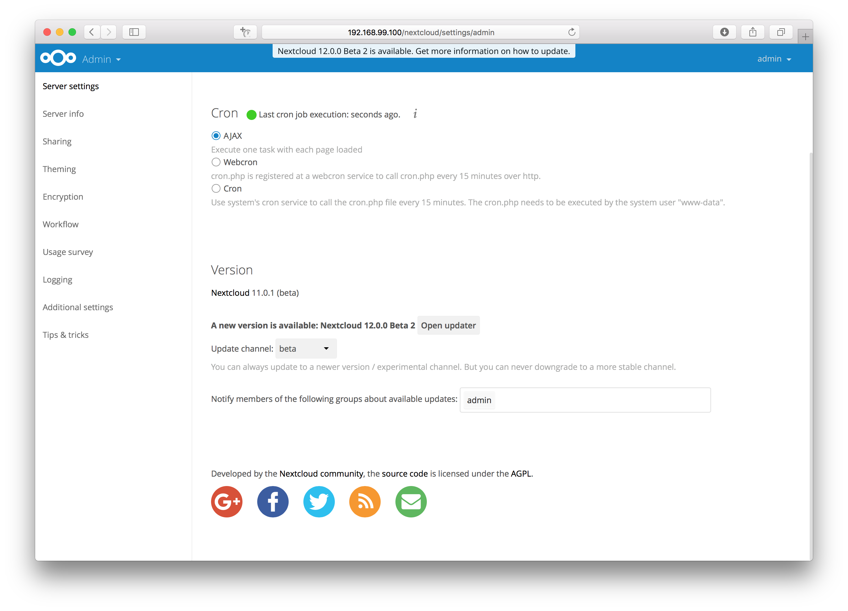 Nextcloud admin settings Version section showing an update available notification