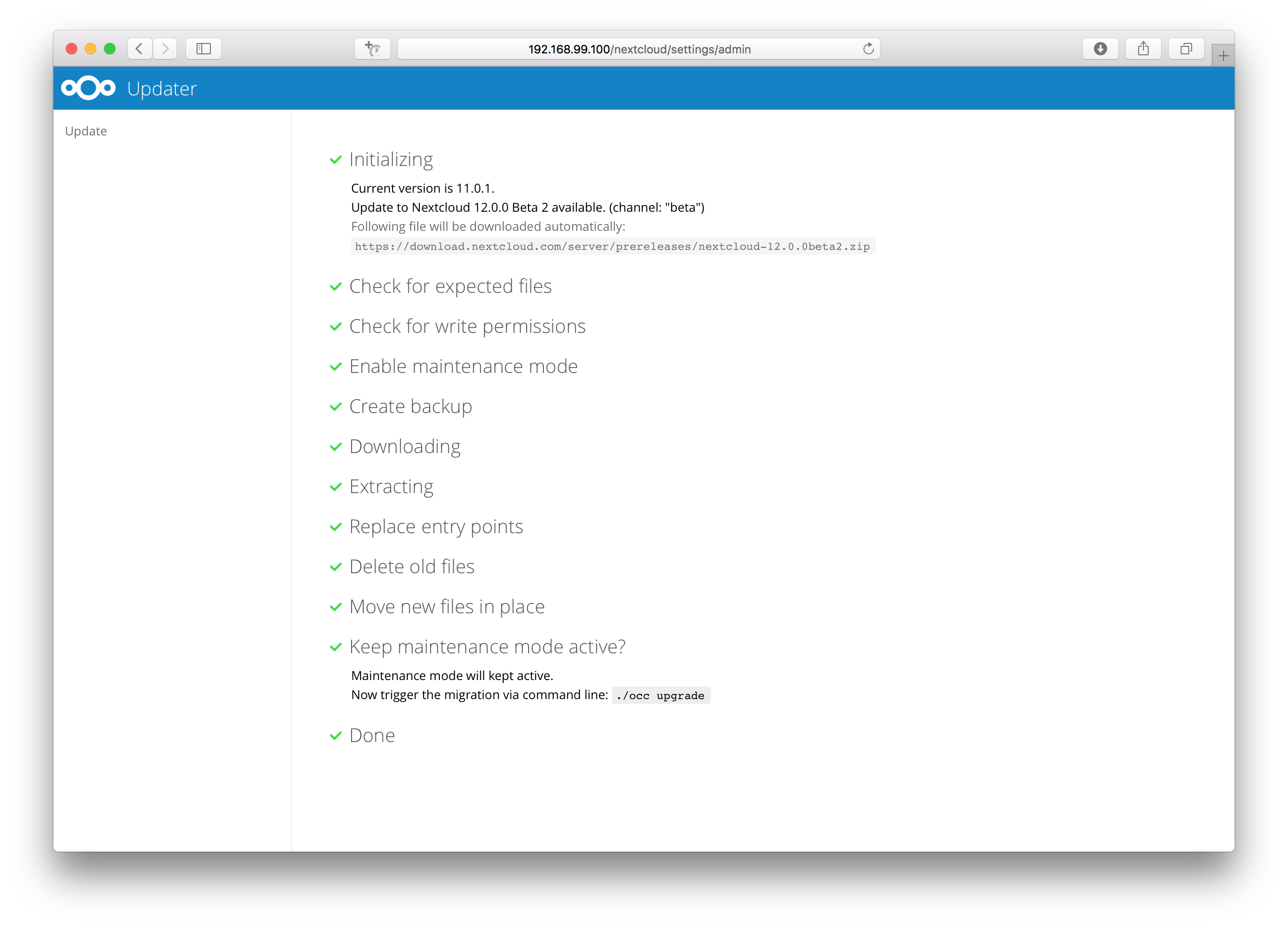 Nextcloud command line updater asking whether to keep maintenance mode active