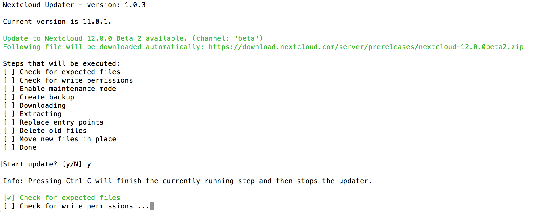 Terminal showing Nextcloud command line updater executing update steps