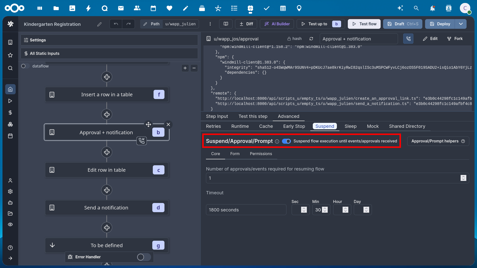 Windmill workflow step editor with the Advanced tab open showing the Suspend/Approval option