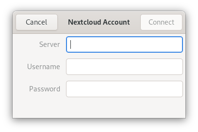 GNOME Online Accounts dialog to add a Nextcloud account with server URL and credentials fields