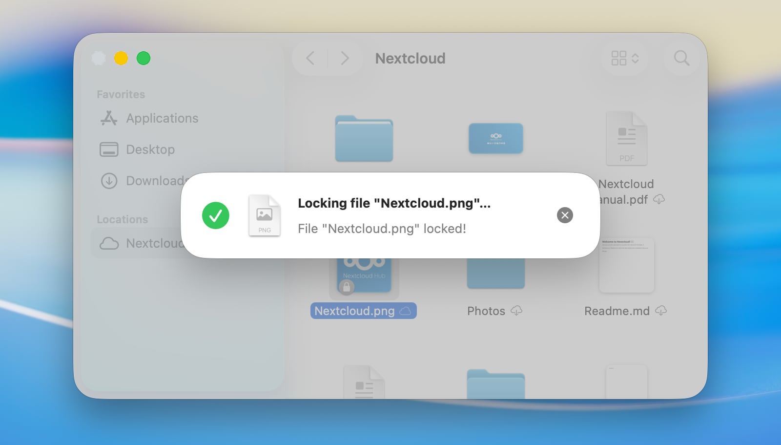 macOS Finder showing a Nextcloud file with a lock indicator after locking