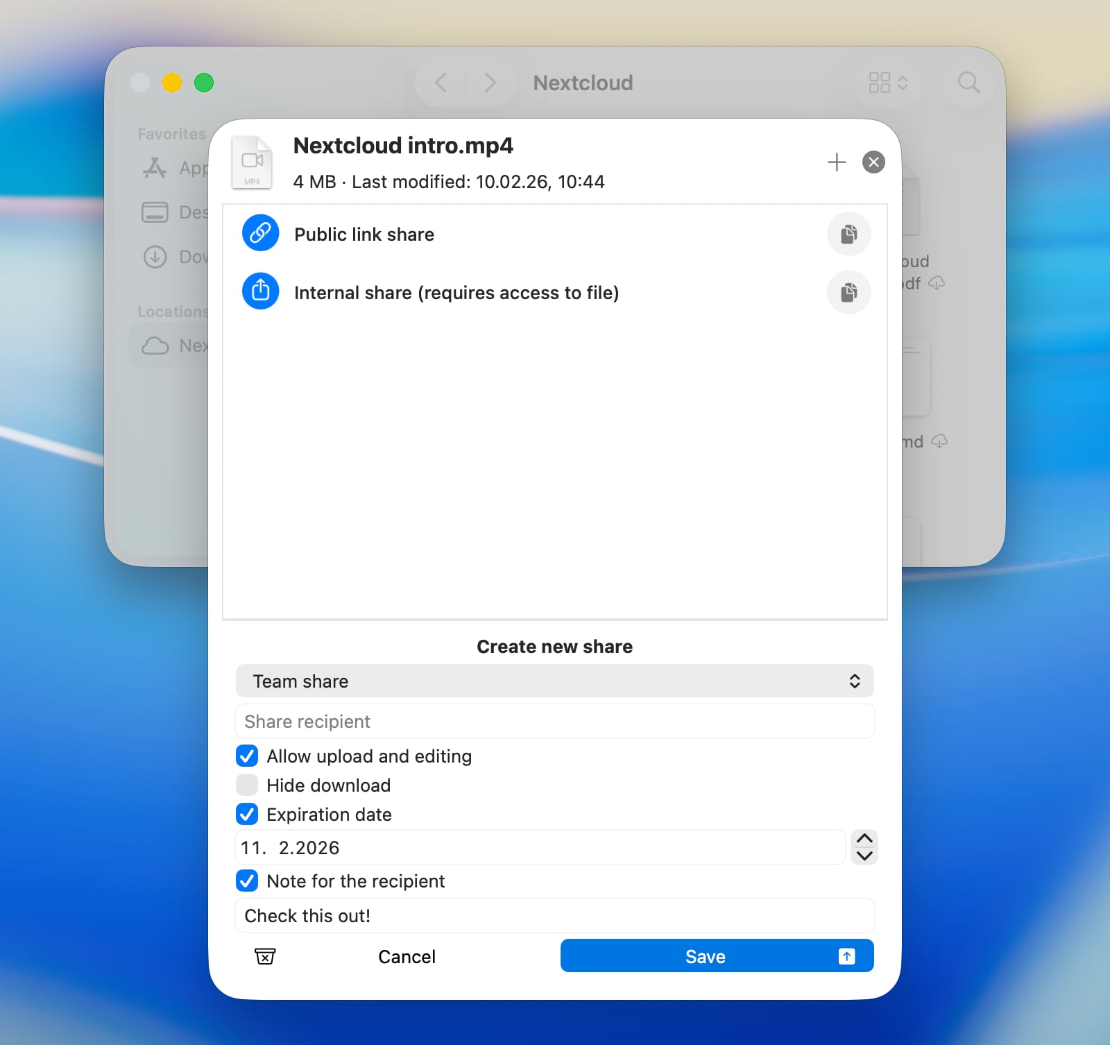 macOS Finder share management panel for a Nextcloud file showing existing shares