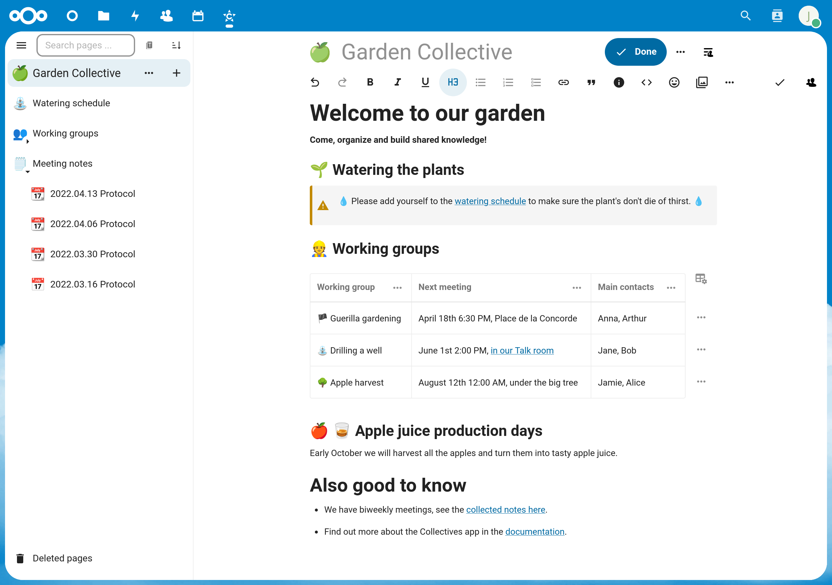 Nextcloud Collectives app showing a list of pages and collaborative editing interface