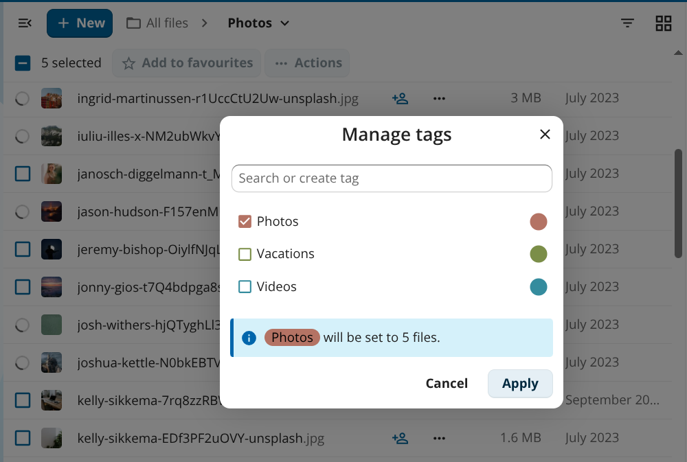 The Manage tags dialog showing three tags with checkboxes and an info line.